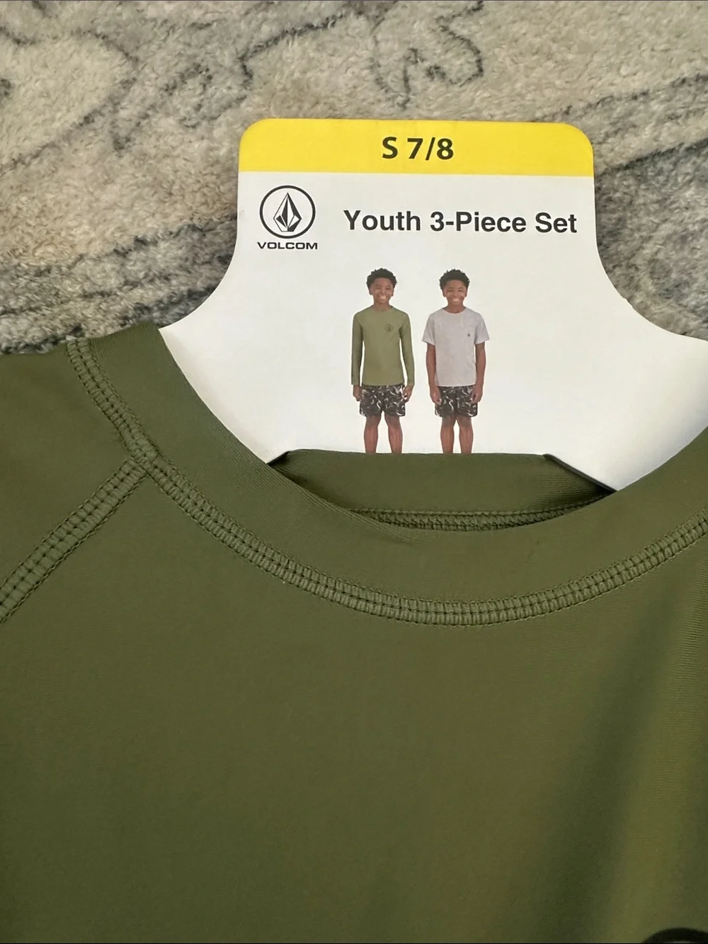 NWT Volcom Olive Green Youth 3-piece Set Long Sleeve Rash Guard Size S 7/8
